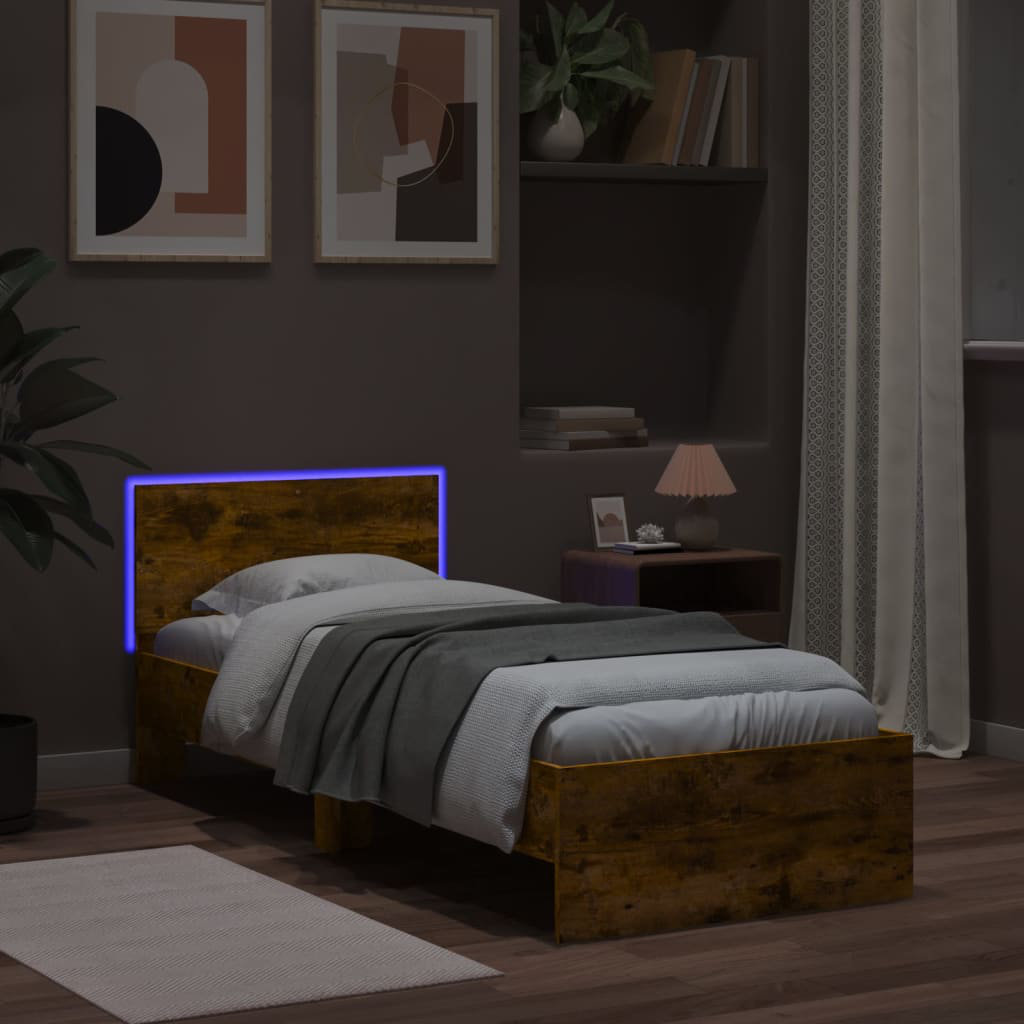 Vidaxl (Smoked Oak) Bed Frame With Headboard And Led Bed Base Mattress Foundation Bedstead - Image 3