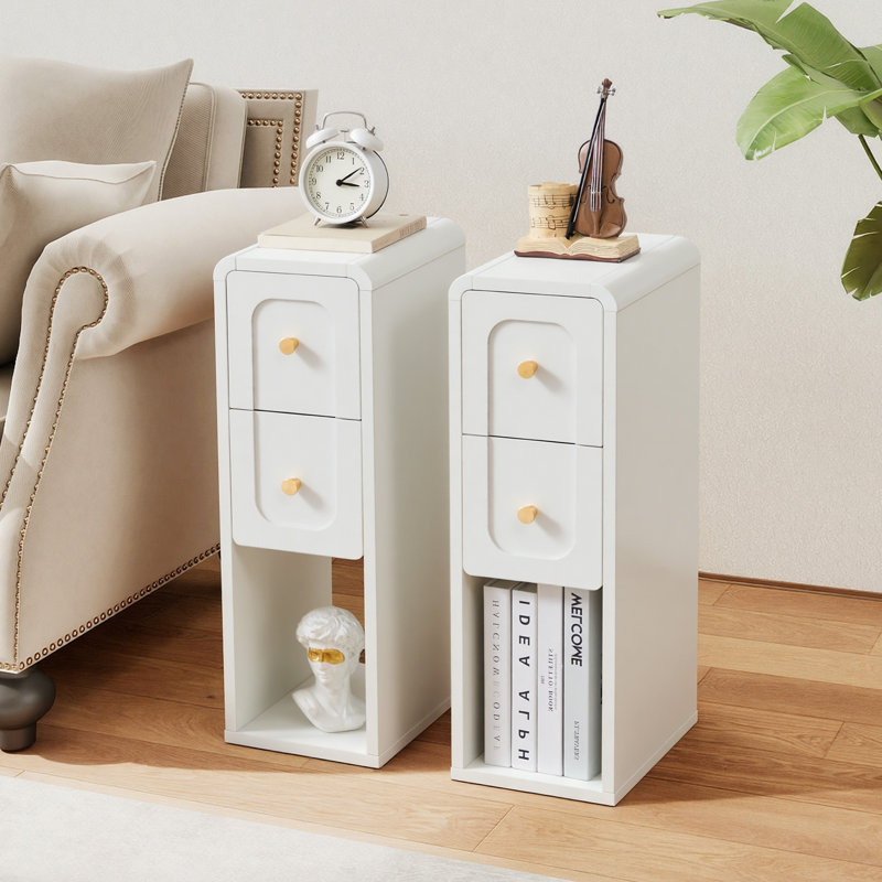 Table de bout mince, table de chevet étroite avec 2 tiroirs et rangement ouvert, White
