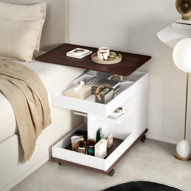 Adjustable End Table With Wheels, 360°rotating Top, Storage Space, Wood Grain Texture And Vertical Striped Design, White