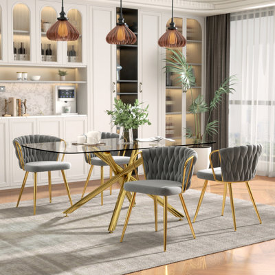 Elegant 71" Modern Retro Dining Table Set For 4-8, Rectangular Glass Top Dining Table With Stainless Steel Base & Velvet Arm Chairs, Multi-Purpose Kit