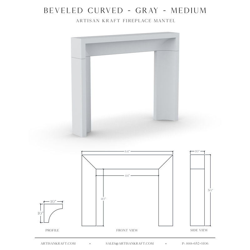 Beveled Curved Cast Stone Fireplace Surround, Gray, 50" H x 64" W x 10" D