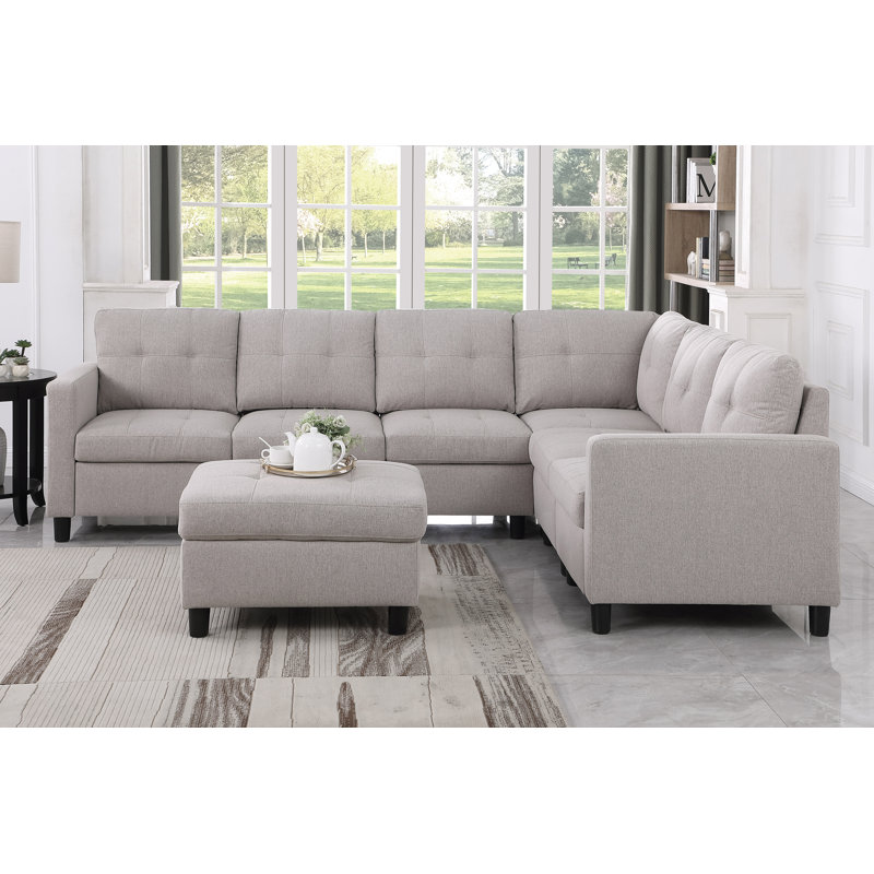 Ensemble modulaire de coin avec dossier capitonné capitonné 7 pièces Mercola, Mélange de lin gris clair