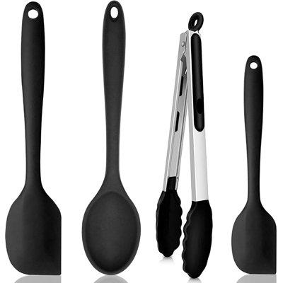 Ensemble d'ustensiles de cuisine en silicone - 4 pièces d'outils de cuisson antiadhésifs sans BPA avec spatule en silicone, cuillère, pinces, noir