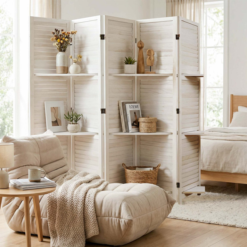 Paravent en bois 5,6 pi avec tablettes intégrées et charnières doubles - Paravent réversible, 5, Blanc