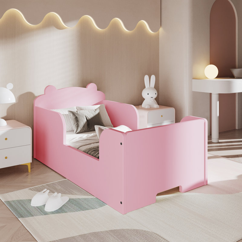 Toddler Solid Wood Bear Shaped Floor Bed, Pink
