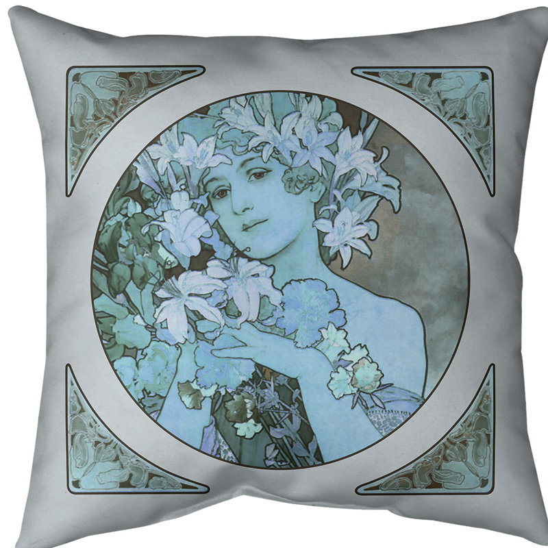 Coussin décoratif alphonse mucha couronne of fleurs, Bleu, 16 po x 1 po, Polyester sergé