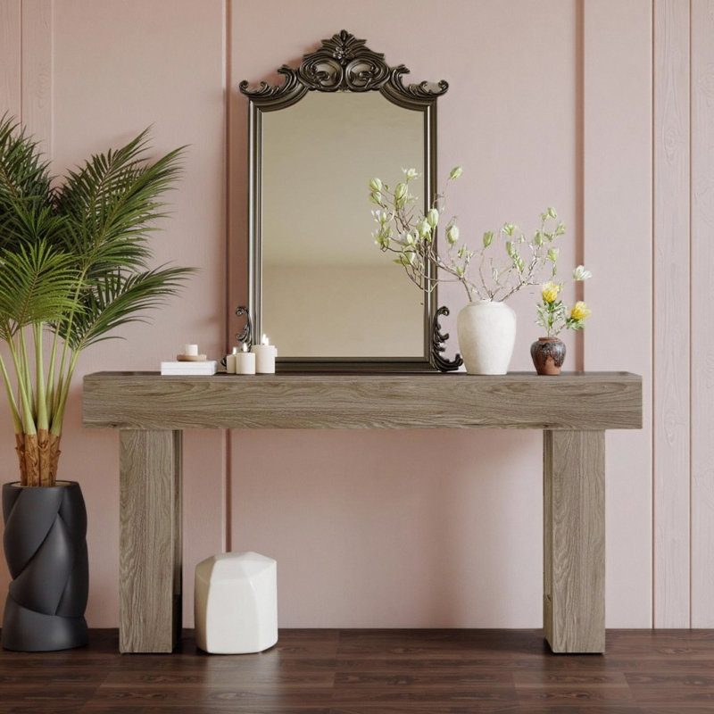 63" Long Farmhouse Console Table - Rustic Brown with Solid Wood Grain for Living Room & Dining Room, Gray