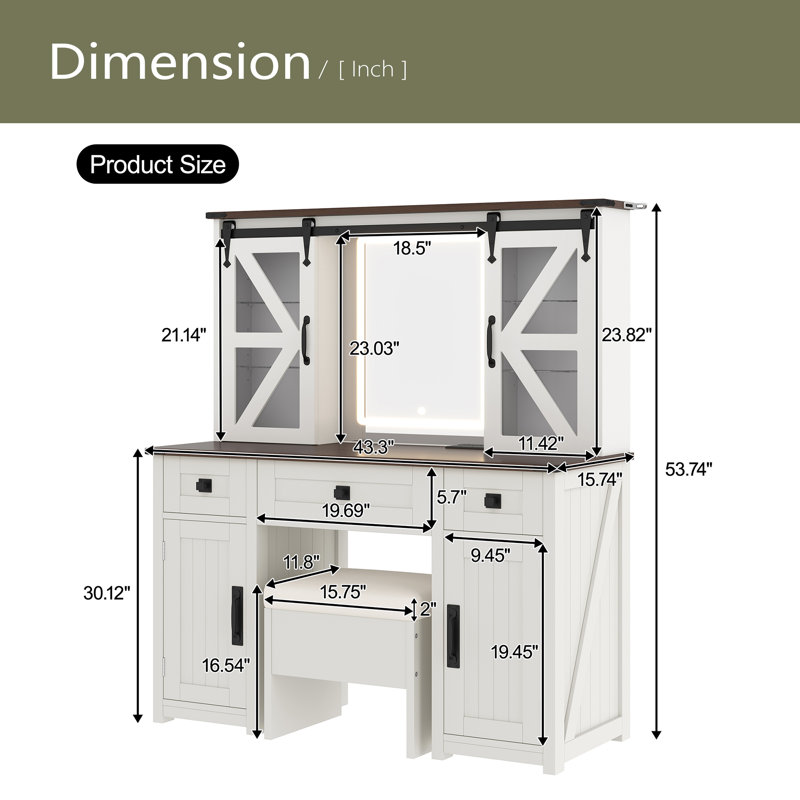 43.3" Farmhouse Makeup Vanity Desk With Lighted Mirror, Vanity Table Set With Storage Stool And Charging Station