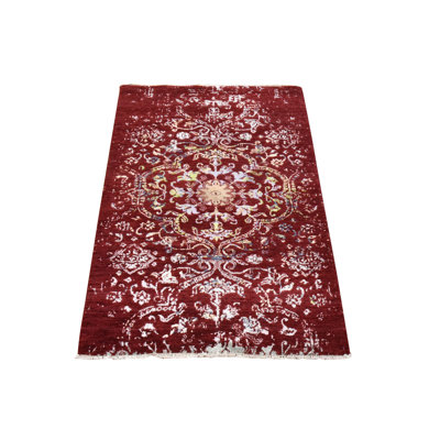 3'x5'1" Currant Red Floral Design Wool and Silk Hand Knotted Oriental Rug A8B8F25CFD5542C79DC1A91A1BC2FB4A