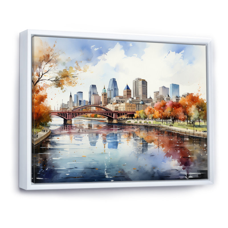 Minneapolis en automne I, H 24 po x l 32 po x P 1 po, Cadre flottant blanc