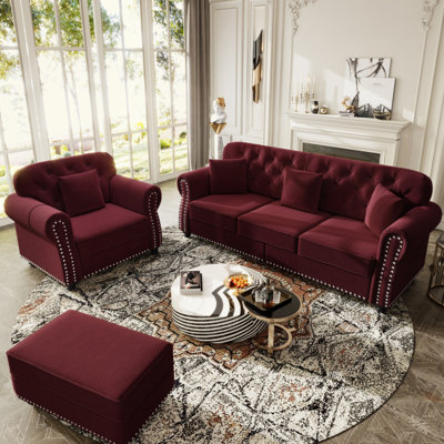 3+1 Upholstered Velvet Sofa with Nailhead Trim and Rolled Armrests,Mid-Century Modern Chesterfield Sofa with Button Tufted,Includes 1 ottoman