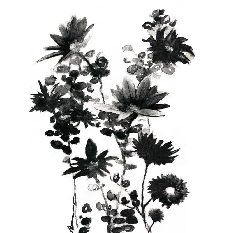Diverses fleurs aquarelles noires - reproduction sur toile tendue, H 16 po x l 12 po