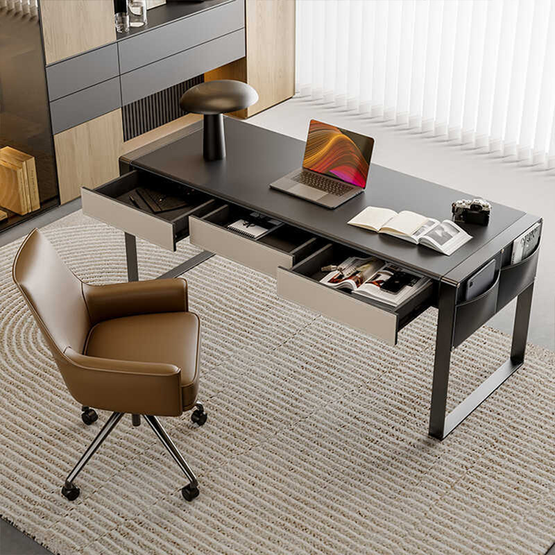62.99" Black + Beige-white + Grey Rectangular Manufactured Wood + Carbon Steel with 3 drawers Desk, Noir