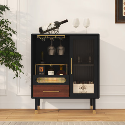 Modern Coffee Bar Cabinet with Wine Glass Rack and Storage Drawer