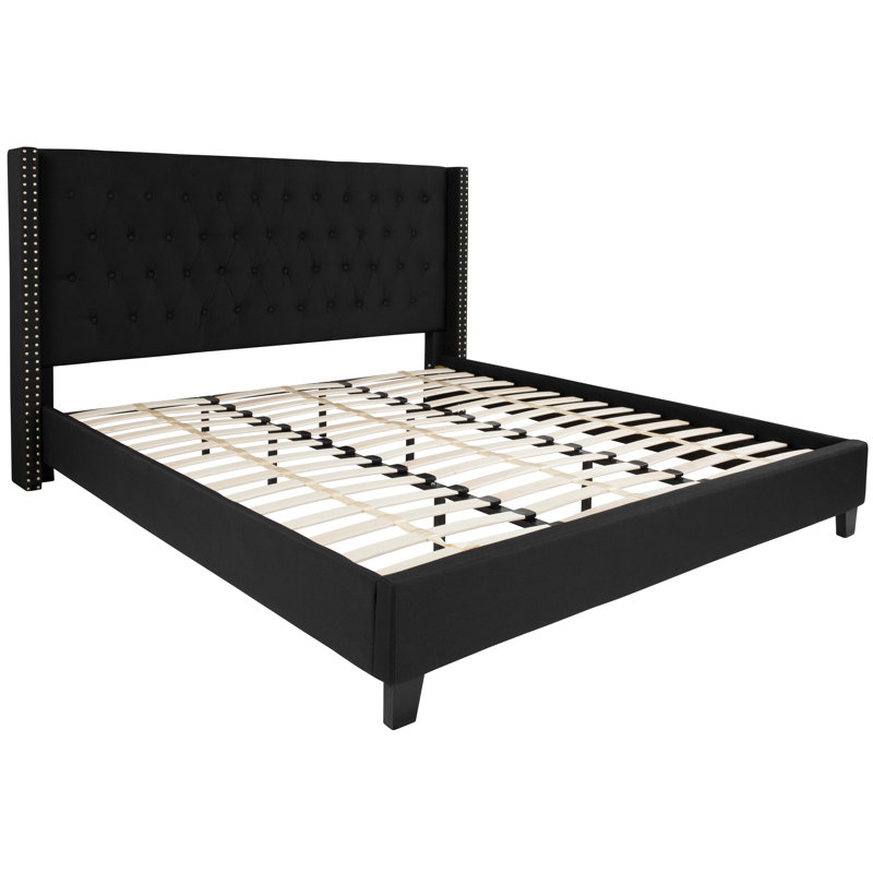 Aluino Tufted Upholstered Platform Bed w/ Accent Nail Trimmed Extended Sides, Black, King