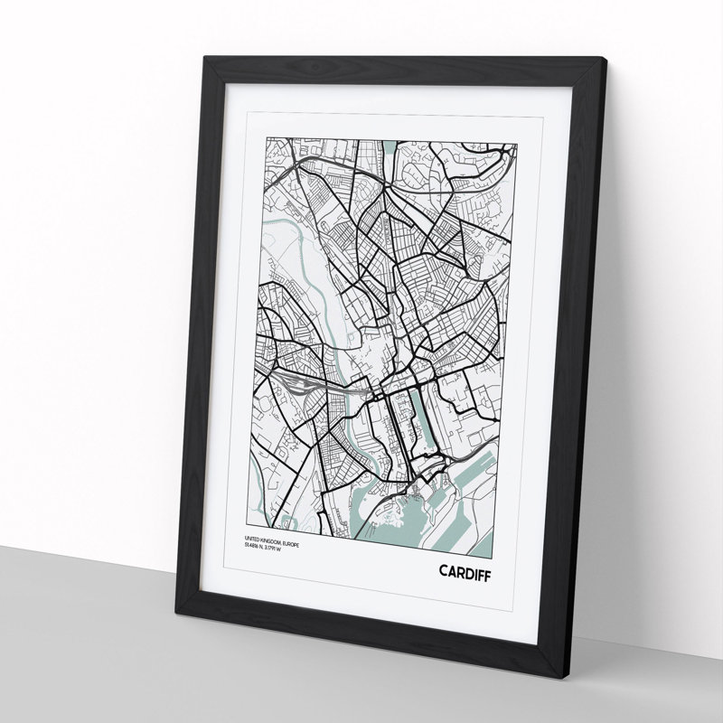 Map Cardiff UK - Picture Frame Graphic Art, Black Framed, 90cm H x 65cm W x 2cm D