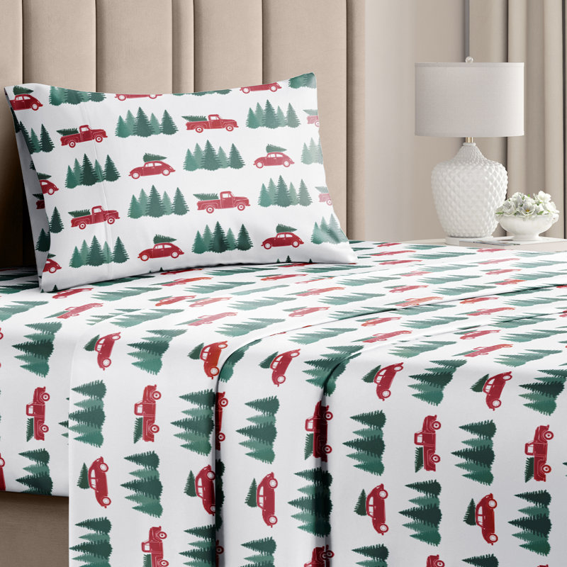 Christmas Sheet Set, Festive Holiday Bedding, Soft & Cozy, Wrinkle Free Bed Sheets, Twin Sheet Set + 1 Pillowcase, Truck