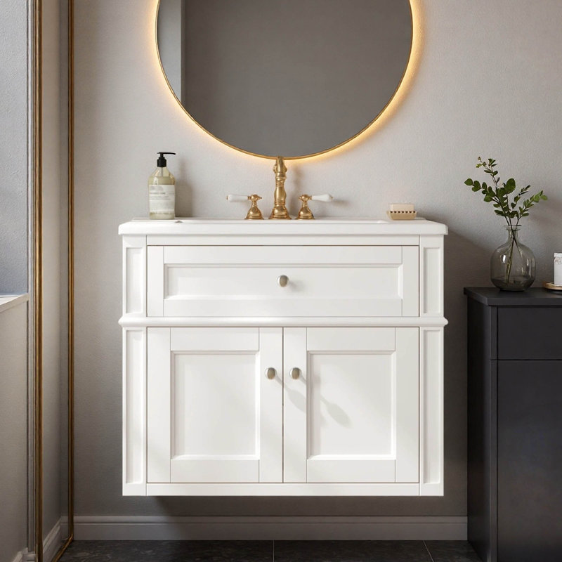 Meuble-lavabo suspendu simple de 61 cm (24 po) avec dessus en céramique, Blanc