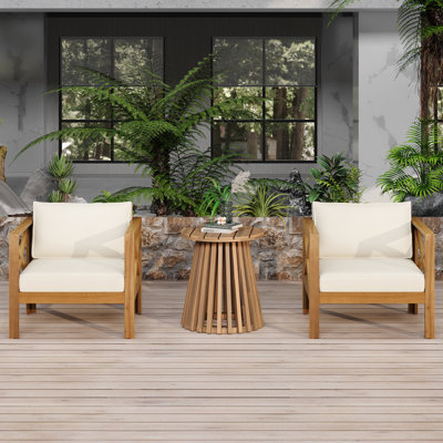 Henla Outdoor 3-Piece Acacia Wood Conversation Set With Removable Cushions