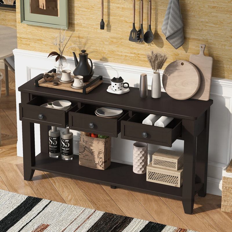55.4" Modern Entryway Console Table with Three Storage Drawers, Dark Coffee