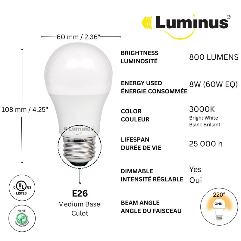 Ampoule DEL A19 de 60 W à intensité variable, 800 lumens, 3 000 Kelvin, 25 000 heures, intensité variable (ensemble de 12)