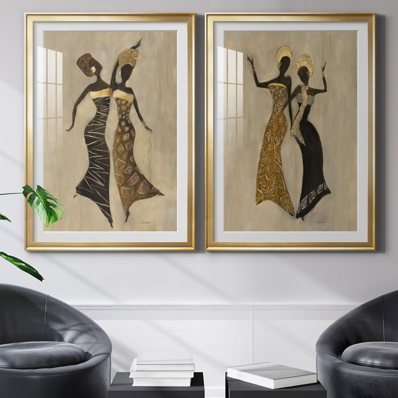 «Celebration I», ensemble de 2 reproductions d'art, H 26,5 po x l 73 po x P 1,5 po, Papier encadré doré, Blanc