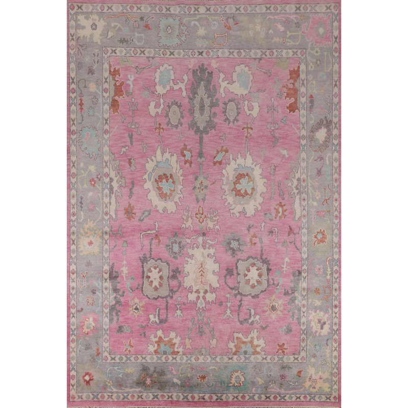 Tapis oriental rose fait à la main à motif floral Oushak 9 x 12