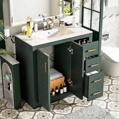 Meuble-lavabo de 36 po avec lavabo sous-comptoir en céramique, structure en bois massif, grand tiroir, charnières à fermeture en douceur, poignées en métal exquis et trois tiroirs pour une utilisation quotidienne, armoire dissimulée, facile