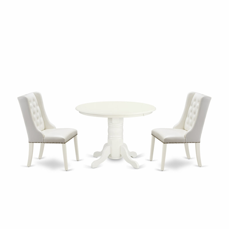 L'ensemble de salle à manger 3 pièces comprend une table de salle à manger ronde avec piédestal et 2 chaises Parson revêtues de similicuir gris clair, lin blanc
