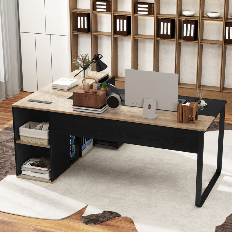 71" L-Shaped Writing Desk With Power Outlets & File Cabinet