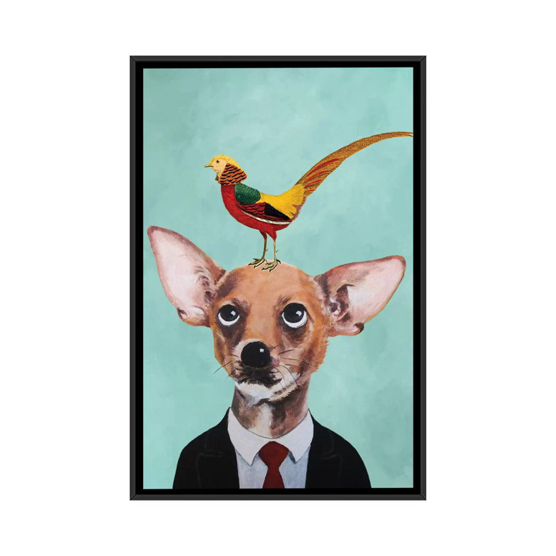 «Chihuahua With Bird» par Coco de Paris, impression sur toile tendue, H 26 po x l 18 po x P 1,5 po, Toile avec cadre noir
