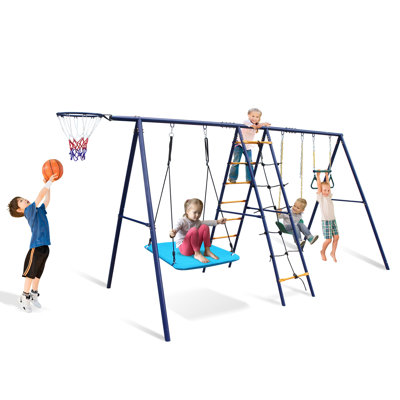 6-in-1 Backyard Swing Set, Heavy-Duty Steel A-Frame Outdoor Play Set with Climbing Ladder, Net, Trapeze Bar & Basketball Hoop