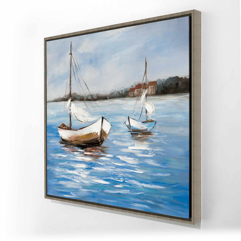 Deux bateaux sur l'eau, décor de toile encadrée bleu