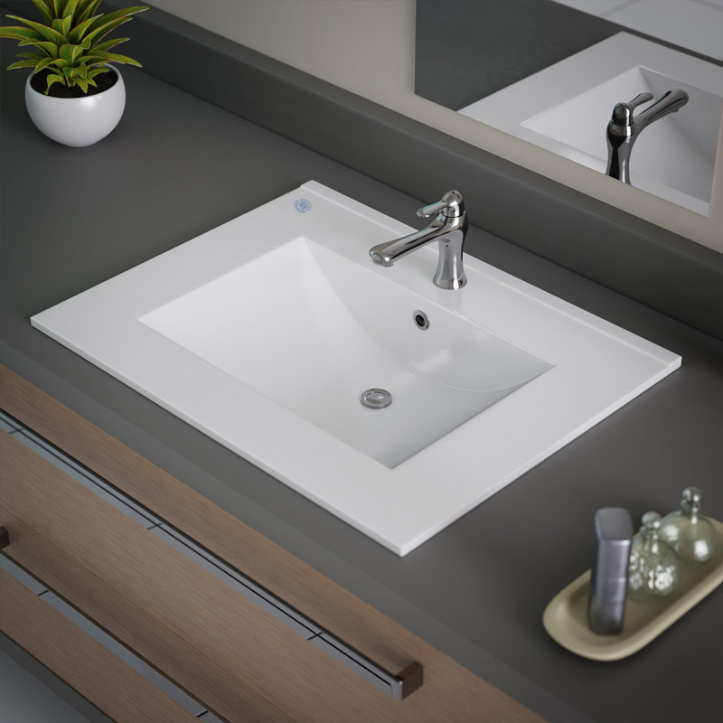 Lavabo de salle de bain carré encastré en porcelaine vitreuse avec trop-plein