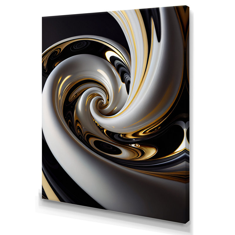 Vitrail doré noir et blanc III - Spirales abstraites, impressions sur toile, H 32 po x l 16 po x P 1 po, Toile tendue