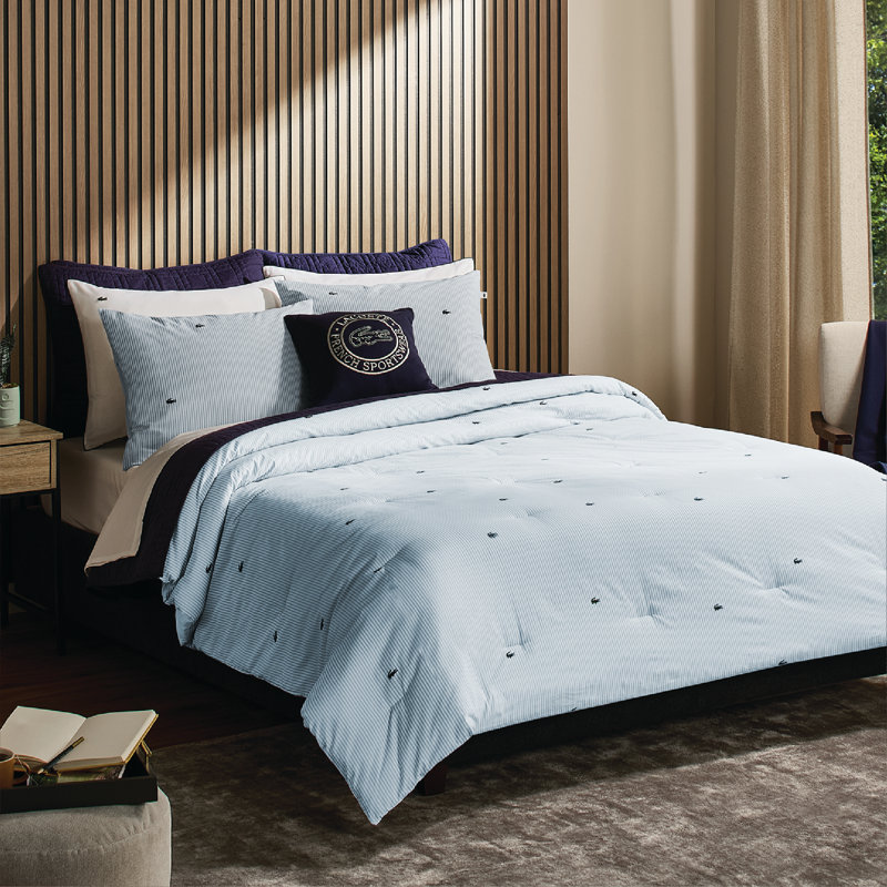 Lacoste Pinstripe Croc Full/Queen Size 3-Piece Comforter Set, Premium Cotton Percale Cover with Microfiber Fill, Soft Breathable All-Season, Blue