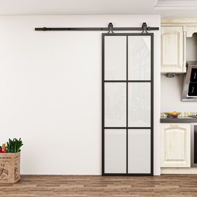 30“x84" H 6-Lite Black Aluminum Metal Frosted Glass Sliding Barn Door with Hardware Kit