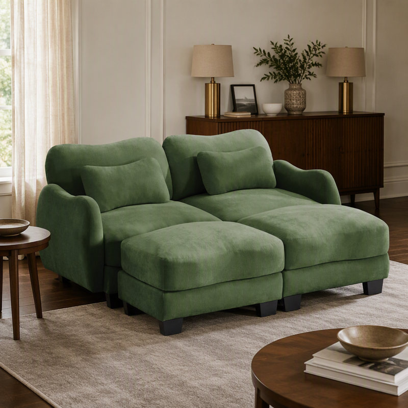 Canapé de soutien en chenille avec coussin de taille délicate et repose-pieds mobile, conception ergonomique incurvée, canapé modulaire facile à assembler pour le bureau du salon, vert