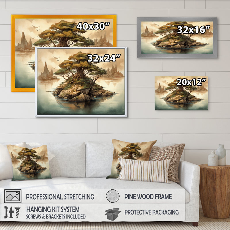 «Ruttger Bonsai Tree Island I», reproduction sur toile, Cadre photo noir, H 30 po x l 40 po x P 1,5 po