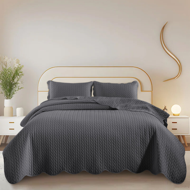 Embossed Quilted Bedspread Set – Soft Microfiber Coverlet With Pillow Shams, Hotel-Style Bedding For High Beds, Gray
