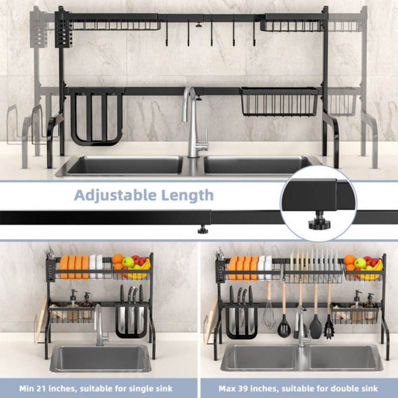 Adjustable Black Steel Over Sink Dish Drying Rack with Hooks