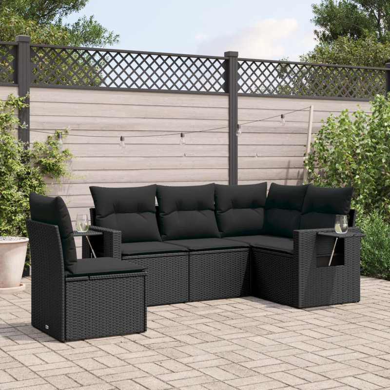  Ensemble de canapé de jardin en rotin PE noir, acier thermolaqué, polyester, Noir, Noir