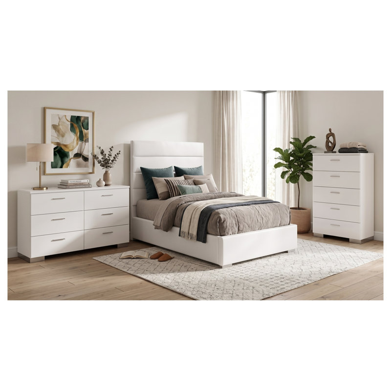 Ensemble de chambre à coucher Genevieve White pour lit simple, comprenant un lit rembourré, une commode et un coffre.
