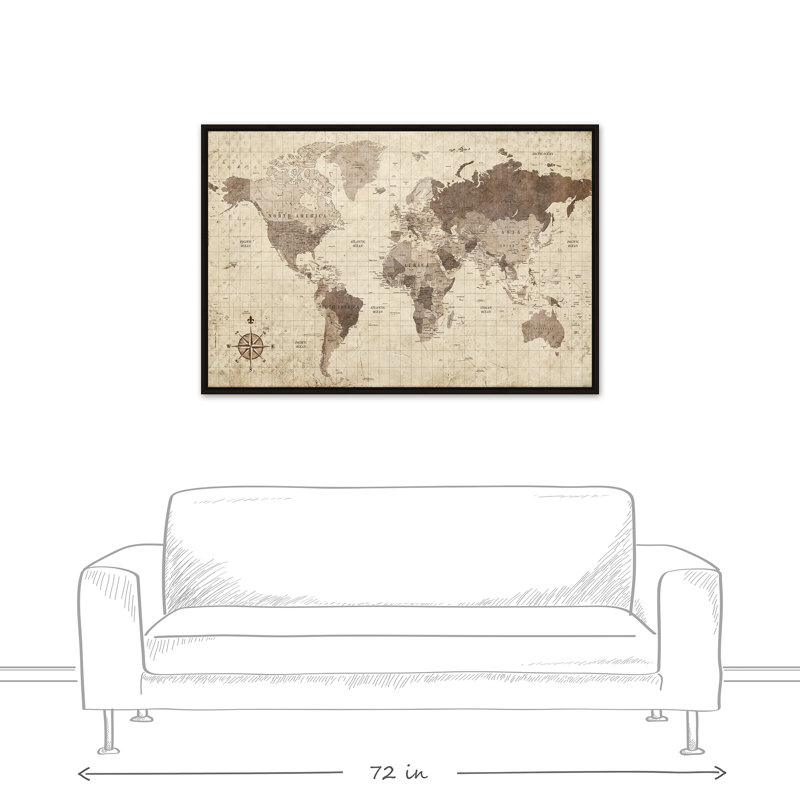Carte du monde délavée - impression sur toile, H 20 po x l 30 po, Impression encadrée, Encadrée