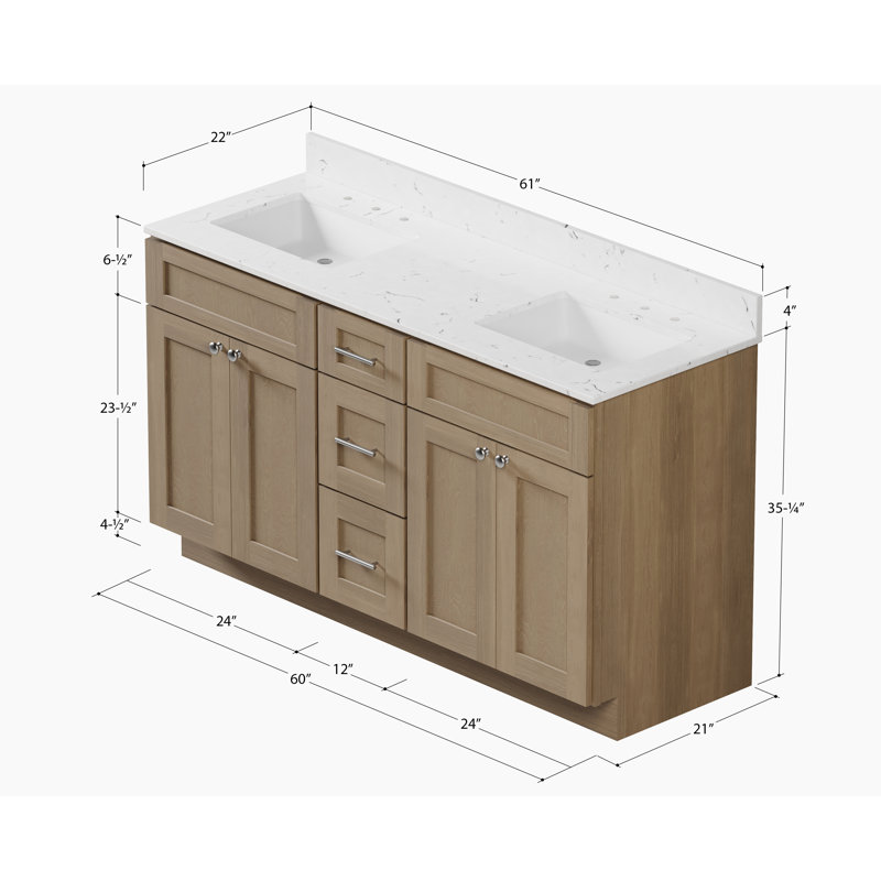 Meuble-lavabo double 61 po avec comptoir en quartz de Carrare, Chêne naturel