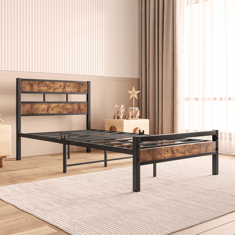 Platform Bed Frame with Rustic Vintage Wood Headboard, Strong Metal Slats Support, No Box Spring Needed, Twin