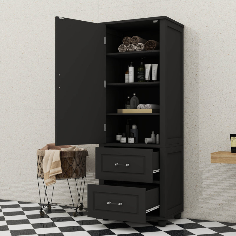 Armoire de rangement de salle de bain de 61,4 pouces de hauteur autoportante avec deux tablettes réglables, Noir