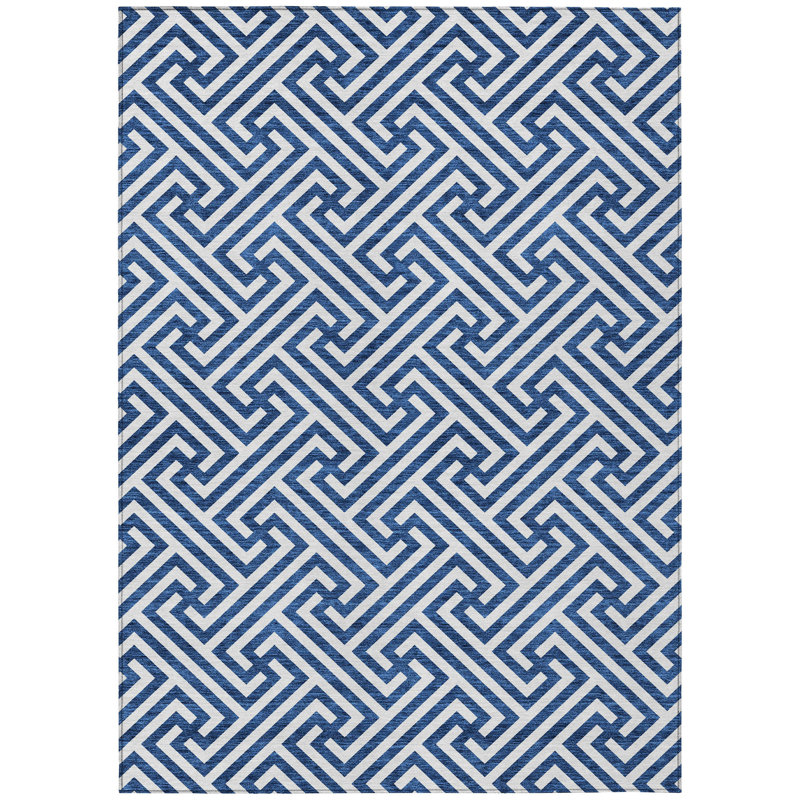 Blue And Ivory Geometric Washable Indoor Outdoor Area Rug, Rectangle 3' x 5'