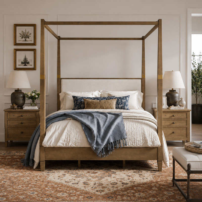 Wood Canopy Bed with Upholstered Headboard