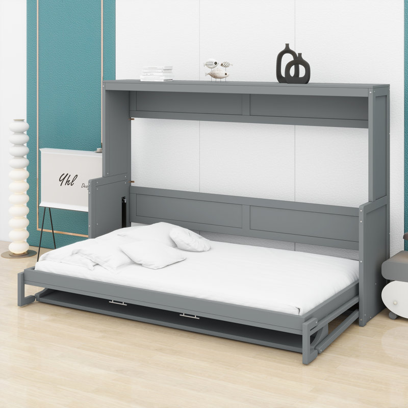Lit escamotable avec mécanisme de levage hydraulique et conception de bureau intégrée, Gris